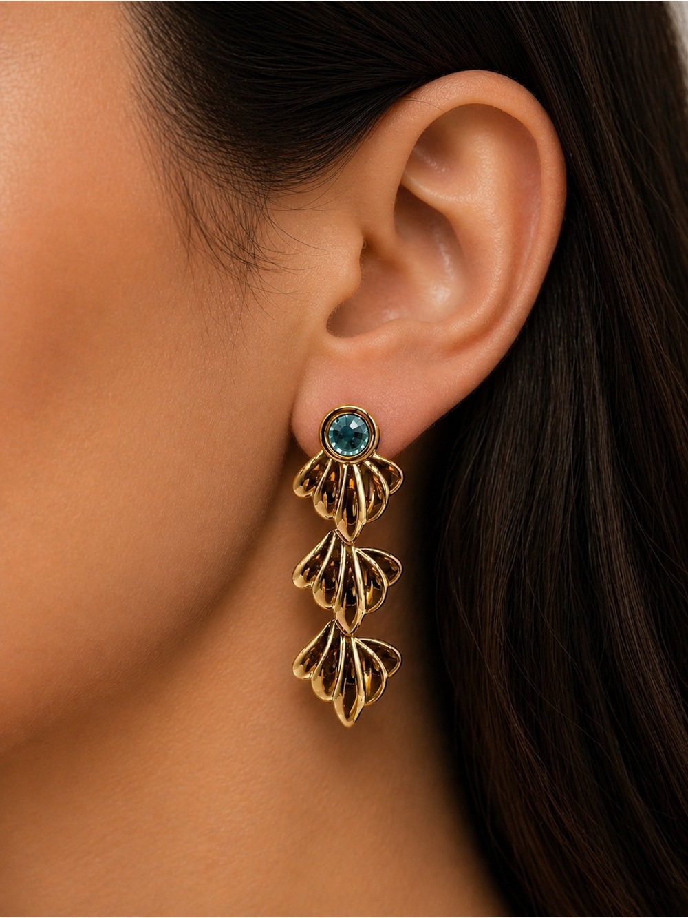 Gold Drop Earrings with Teal Crystal Accent - Picture 3 of 3